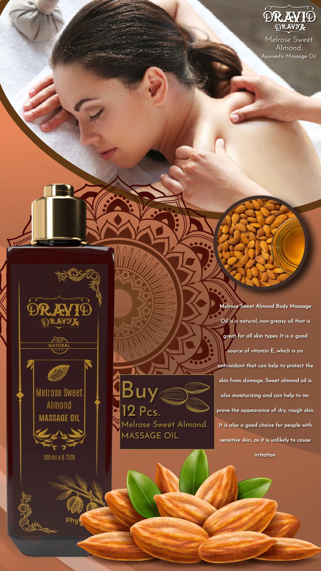 RBV B2B Melrose Sweet Almond Massage Oil (200 ml)-12 Pcs.